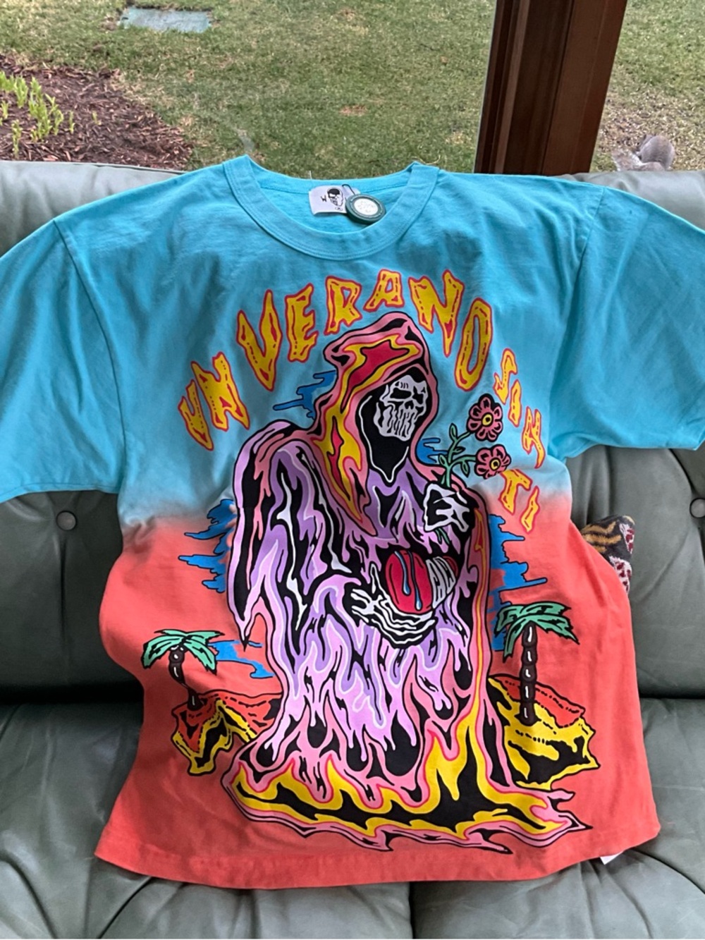 Graphic Flame Grim Reaper Ombre Tee - Turquoise & Coral
